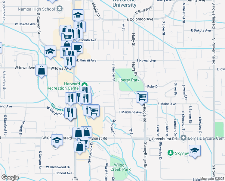 map of restaurants, bars, coffee shops, grocery stores, and more near 1715 South Juniper Street in Nampa