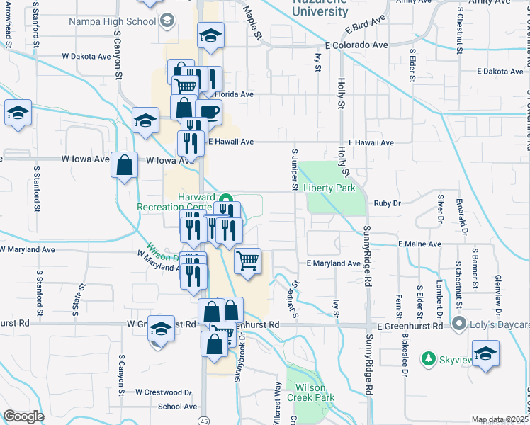 map of restaurants, bars, coffee shops, grocery stores, and more near 1773 South Juniper Street in Nampa