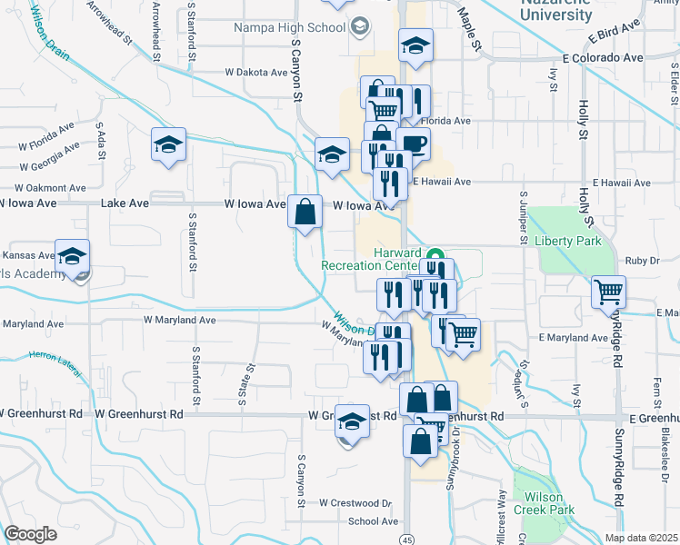map of restaurants, bars, coffee shops, grocery stores, and more near 1623 Checola Street in Nampa