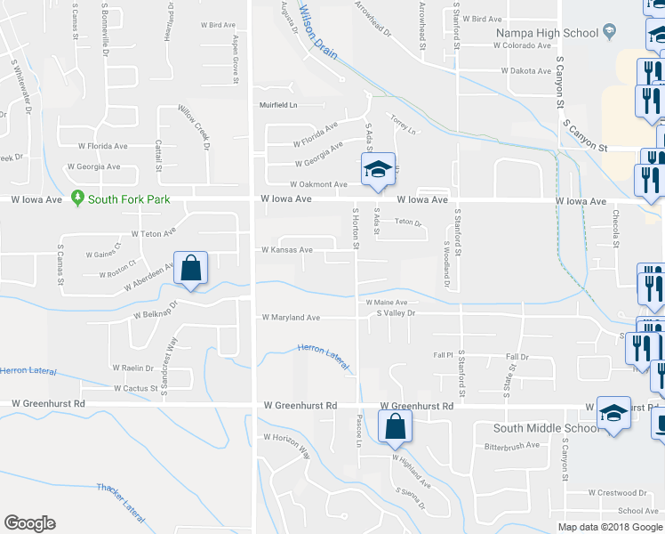 map of restaurants, bars, coffee shops, grocery stores, and more near 820 South Sunglow Lane in Nampa