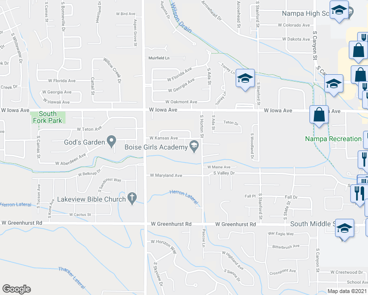 map of restaurants, bars, coffee shops, grocery stores, and more near 820 South Sunglow Lane in Nampa