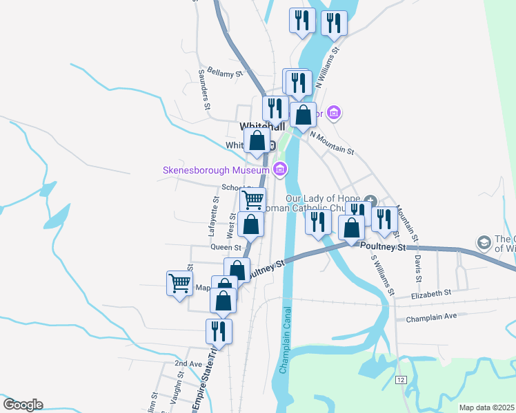 map of restaurants, bars, coffee shops, grocery stores, and more near 102 Broadway in Whitehall