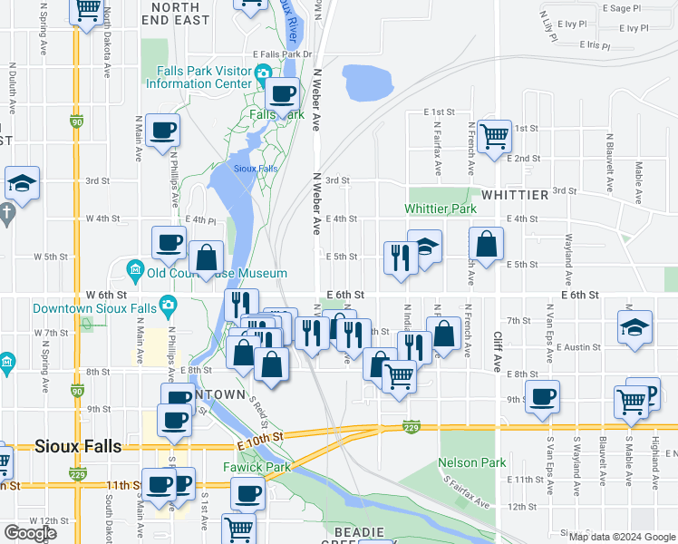 map of restaurants, bars, coffee shops, grocery stores, and more near 432 North Nesmith Avenue in Sioux Falls