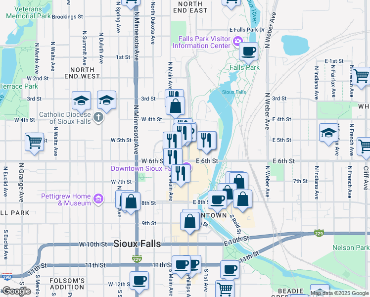 map of restaurants, bars, coffee shops, grocery stores, and more near 431 North Phillips Avenue in Sioux Falls