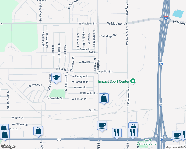 map of restaurants, bars, coffee shops, grocery stores, and more near 5600-5946 West 5th Street in Sioux Falls