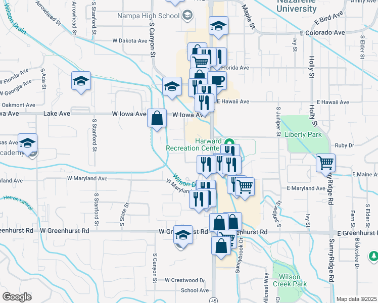map of restaurants, bars, coffee shops, grocery stores, and more near 1670 Checola Street in Nampa