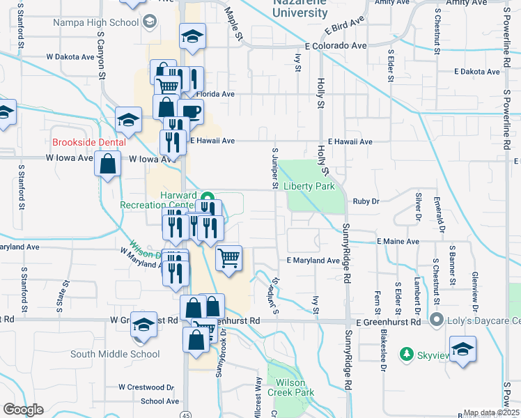 map of restaurants, bars, coffee shops, grocery stores, and more near 1731 South Juniper Street in Nampa
