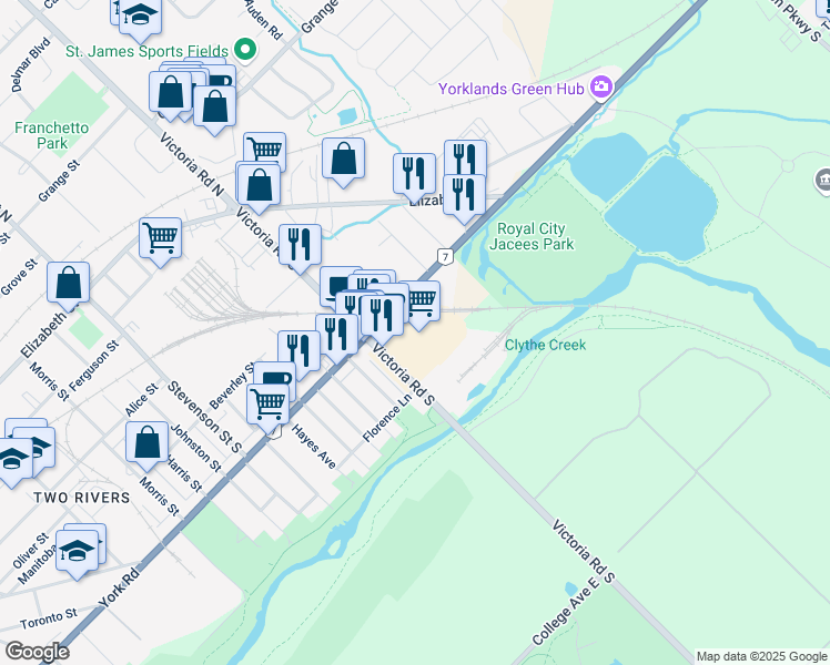 map of restaurants, bars, coffee shops, grocery stores, and more near 212 Victoria Road South in Guelph
