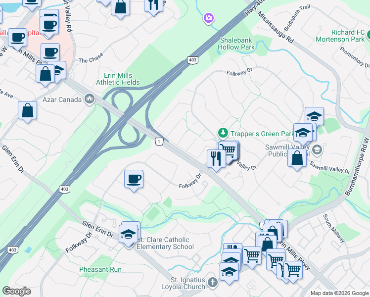 map of restaurants, bars, coffee shops, grocery stores, and more near 2479 Grindstone Court in Mississauga