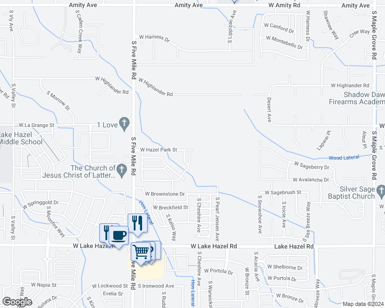 map of restaurants, bars, coffee shops, grocery stores, and more near 5588 South Summit Creek Way in Boise