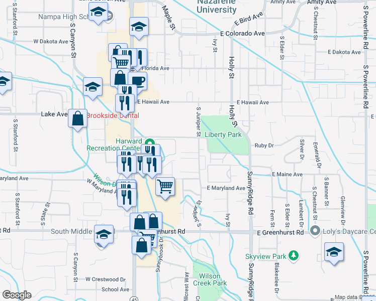 map of restaurants, bars, coffee shops, grocery stores, and more near 1715 South Juniper Street in Nampa