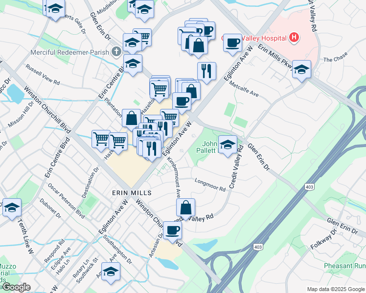 map of restaurants, bars, coffee shops, grocery stores, and more near in Mississauga