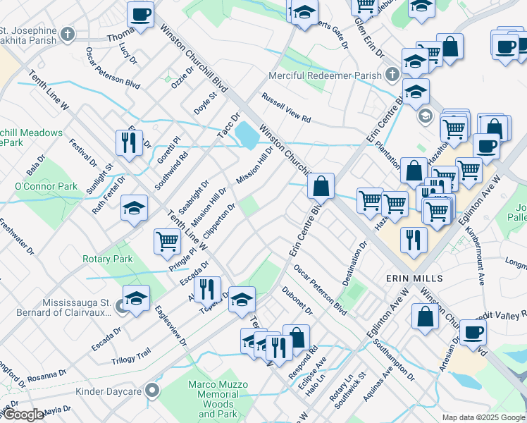 map of restaurants, bars, coffee shops, grocery stores, and more near in Mississauga