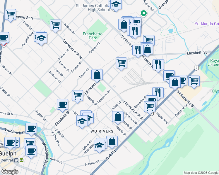 map of restaurants, bars, coffee shops, grocery stores, and more near 58 Stevenson Street South in Guelph