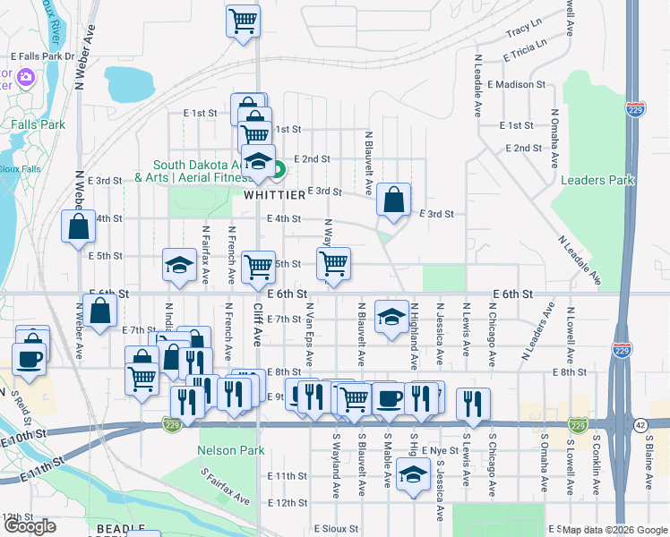 map of restaurants, bars, coffee shops, grocery stores, and more near in Sioux Falls