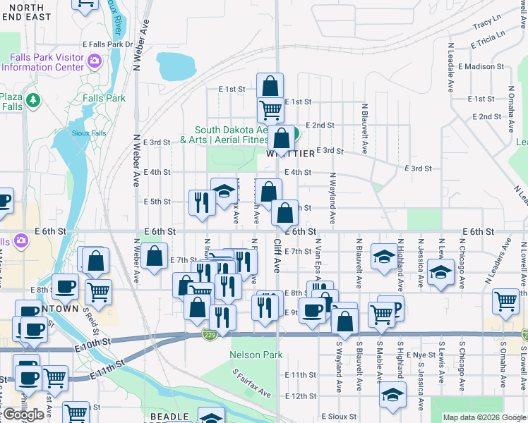 map of restaurants, bars, coffee shops, grocery stores, and more near 430 North French Avenue in Sioux Falls