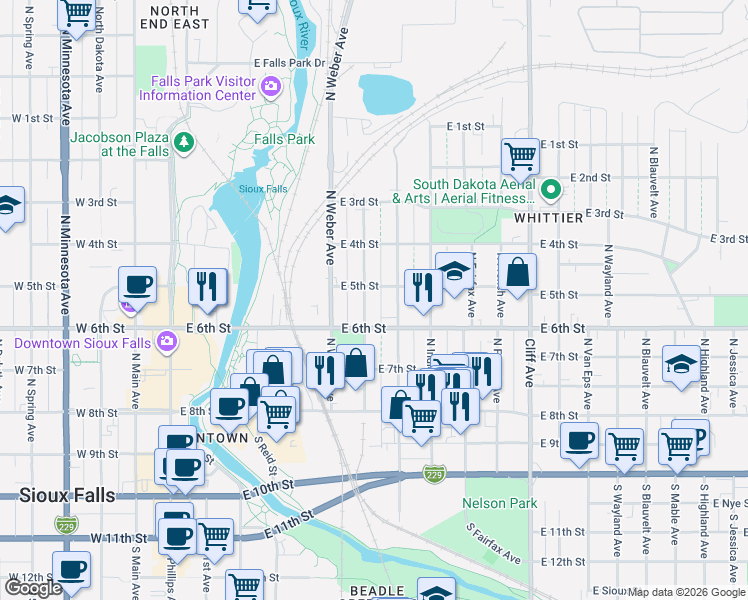 map of restaurants, bars, coffee shops, grocery stores, and more near 432 North Nesmith Avenue in Sioux Falls