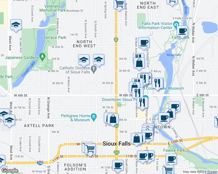 map of restaurants, bars, coffee shops, grocery stores, and more near 416 West 5th Street in Sioux Falls