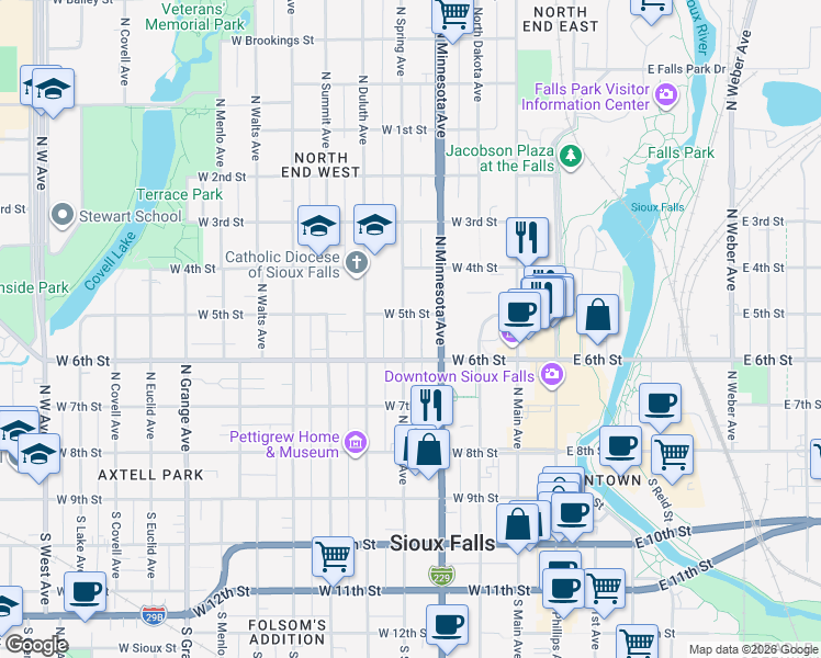 map of restaurants, bars, coffee shops, grocery stores, and more near 416 West 5th Street in Sioux Falls