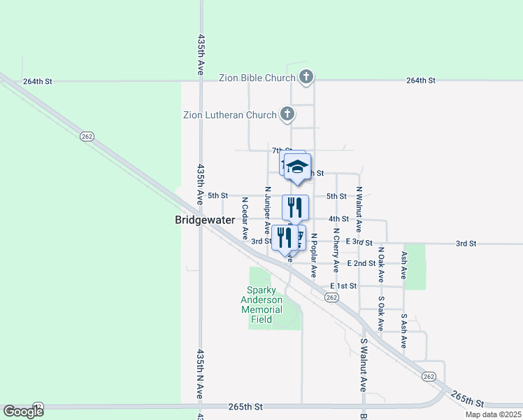 map of restaurants, bars, coffee shops, grocery stores, and more near 301 5th Street in Bridgewater