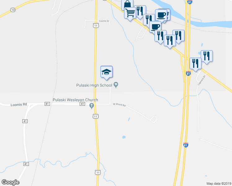 map of restaurants, bars, coffee shops, grocery stores, and more near 4624 Salina Street in Pulaski