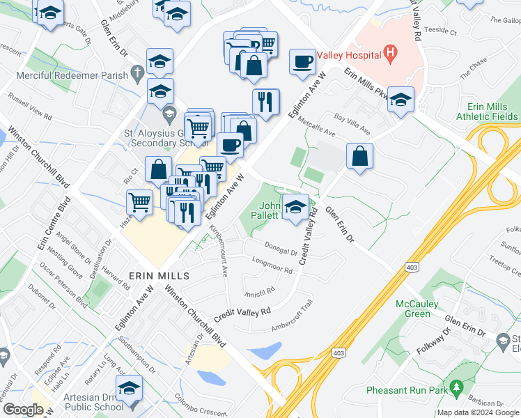 map of restaurants, bars, coffee shops, grocery stores, and more near 2374 Eglinton Avenue West in Mississauga