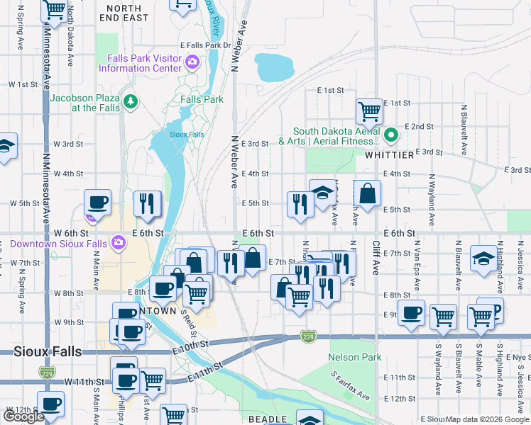map of restaurants, bars, coffee shops, grocery stores, and more near 432 North Nesmith Avenue in Sioux Falls