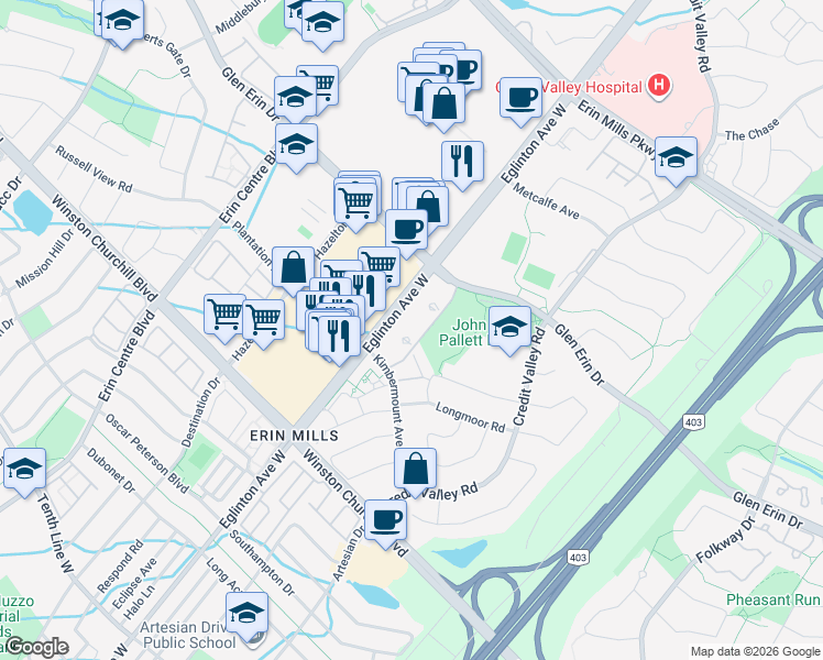 map of restaurants, bars, coffee shops, grocery stores, and more near 4889 Kimbermount Avenue in Mississauga