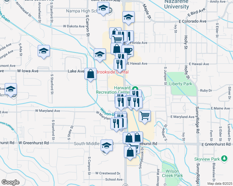 map of restaurants, bars, coffee shops, grocery stores, and more near 1617 12th Avenue Road in Nampa