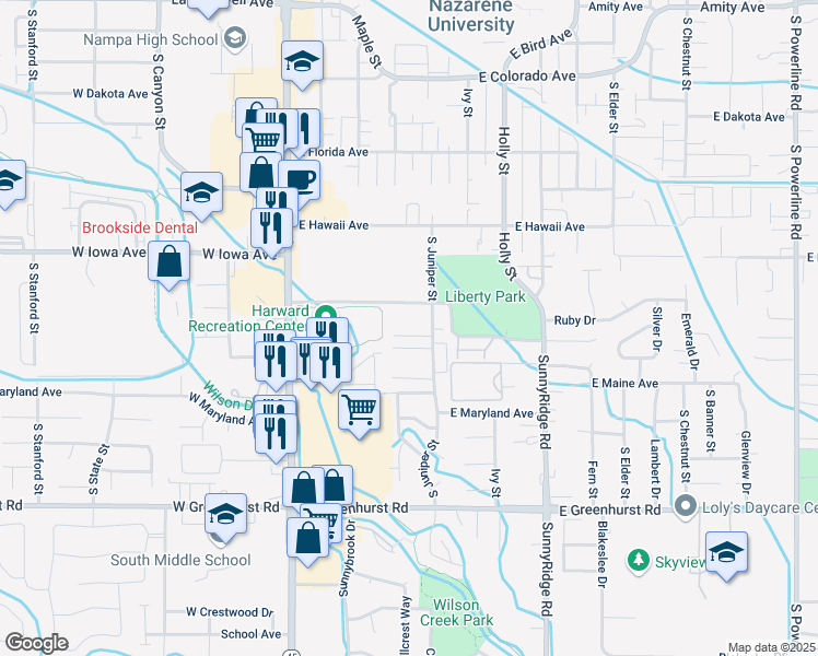map of restaurants, bars, coffee shops, grocery stores, and more near 1727 South Juniper Street in Nampa