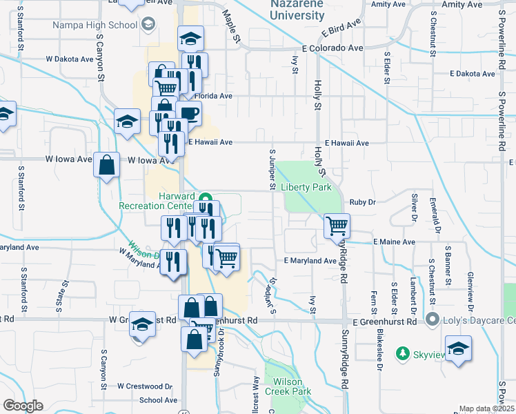 map of restaurants, bars, coffee shops, grocery stores, and more near 1715 South Juniper Street in Nampa