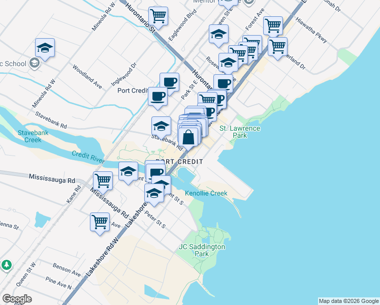 map of restaurants, bars, coffee shops, grocery stores, and more near 47 Lakeshore Road East in Mississauga