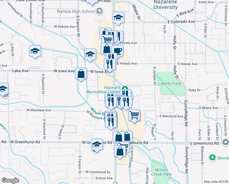 map of restaurants, bars, coffee shops, grocery stores, and more near 1623 12th Avenue Road in Nampa