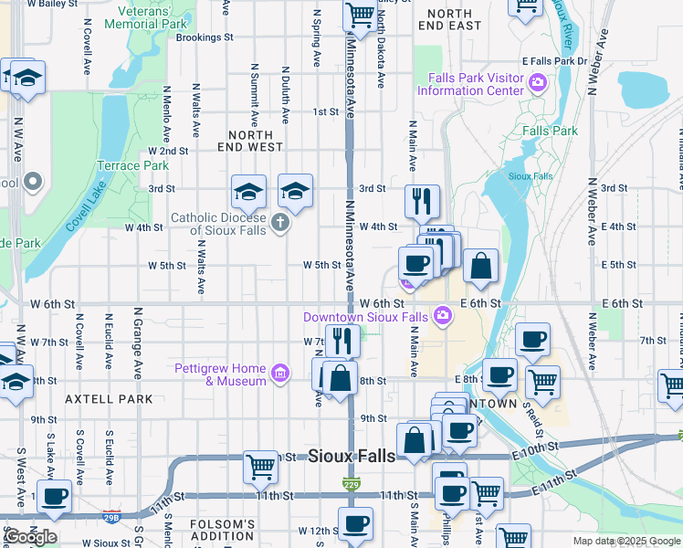 map of restaurants, bars, coffee shops, grocery stores, and more near 416 West 5th Street in Sioux Falls