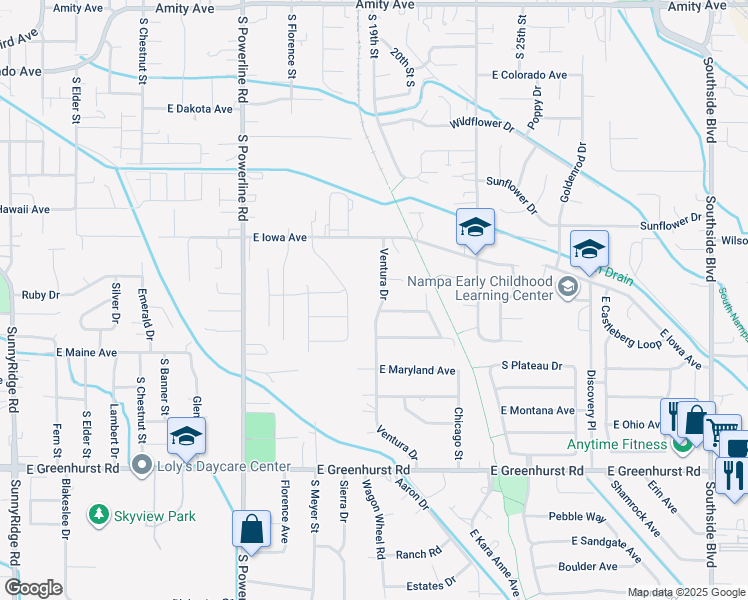 map of restaurants, bars, coffee shops, grocery stores, and more near 1703 Ventura Drive in Nampa