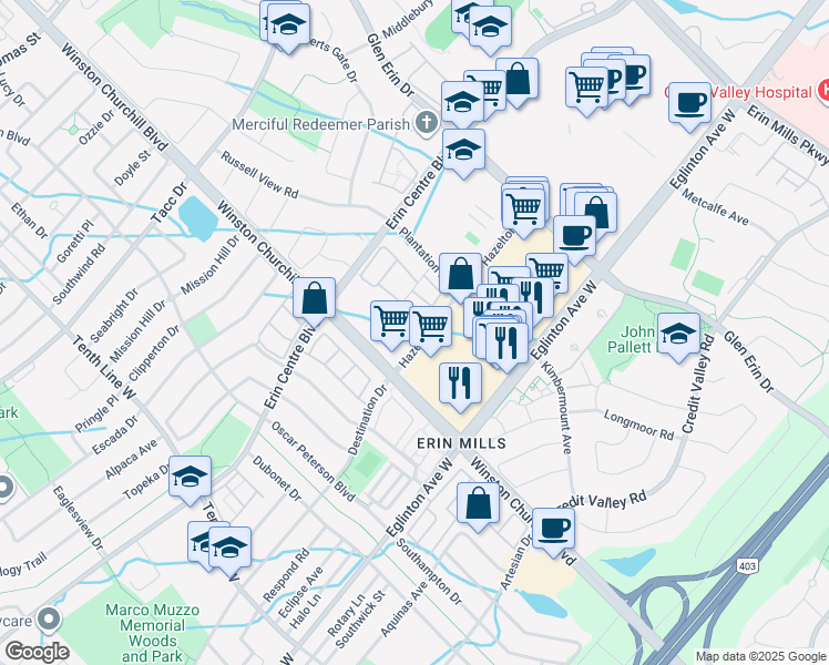map of restaurants, bars, coffee shops, grocery stores, and more near 16 Hazelton Place in Mississauga