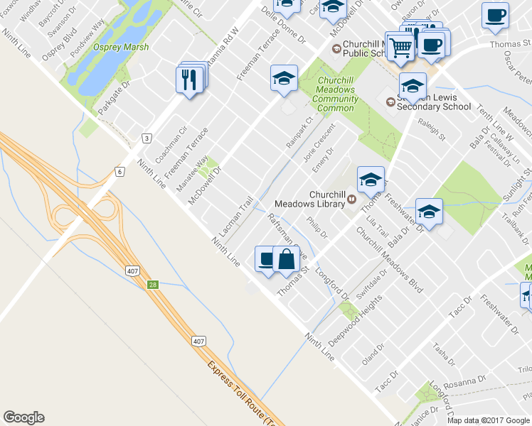 map of restaurants, bars, coffee shops, grocery stores, and more near Brinwood Gate in Mississauga