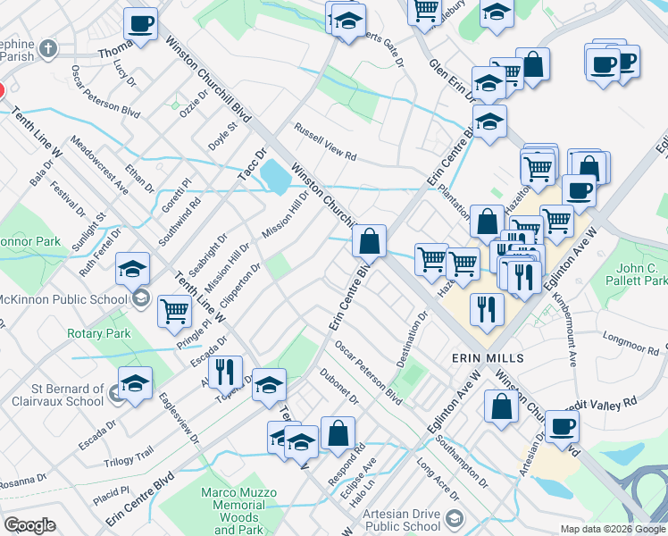 map of restaurants, bars, coffee shops, grocery stores, and more near 5255 Palmetto Place in Mississauga
