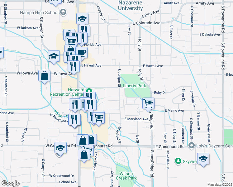 map of restaurants, bars, coffee shops, grocery stores, and more near 1715 South Juniper Street in Nampa