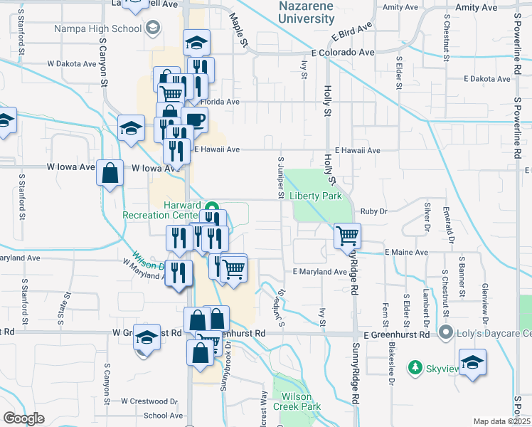 map of restaurants, bars, coffee shops, grocery stores, and more near 1715 South Juniper Street in Nampa