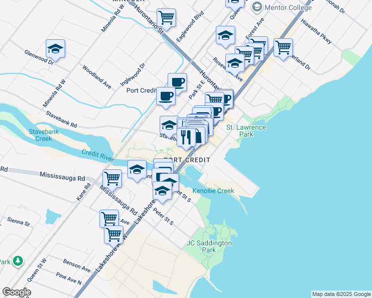 map of restaurants, bars, coffee shops, grocery stores, and more near in Mississauga