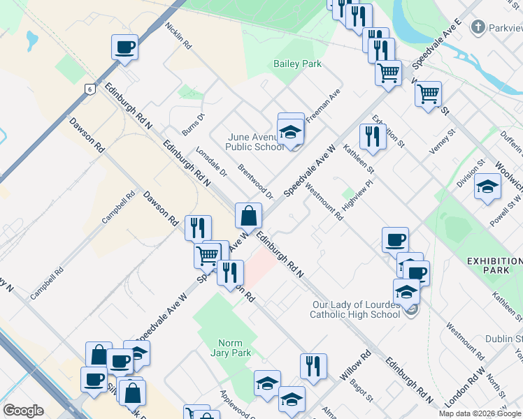 map of restaurants, bars, coffee shops, grocery stores, and more near 135 Speedvale Avenue West in Guelph
