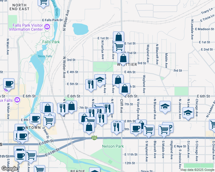 map of restaurants, bars, coffee shops, grocery stores, and more near 901-999 E 5th St in Sioux Falls