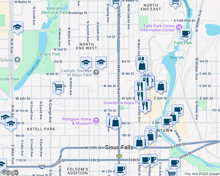 map of restaurants, bars, coffee shops, grocery stores, and more near 416 West 5th Street in Sioux Falls
