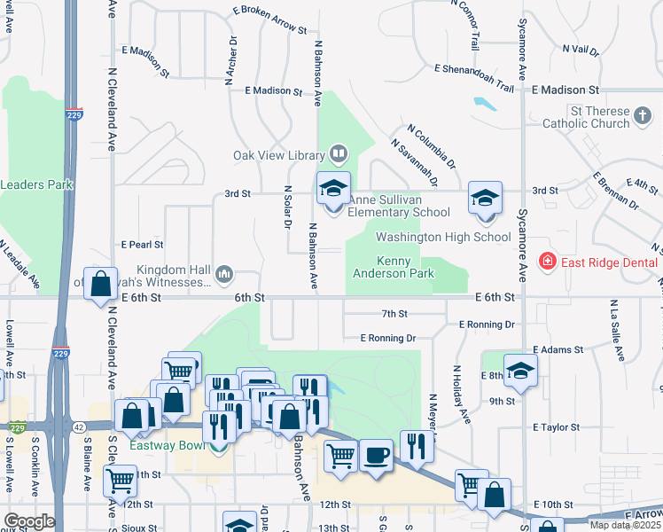 map of restaurants, bars, coffee shops, grocery stores, and more near 518 North Bahnson Avenue in Sioux Falls