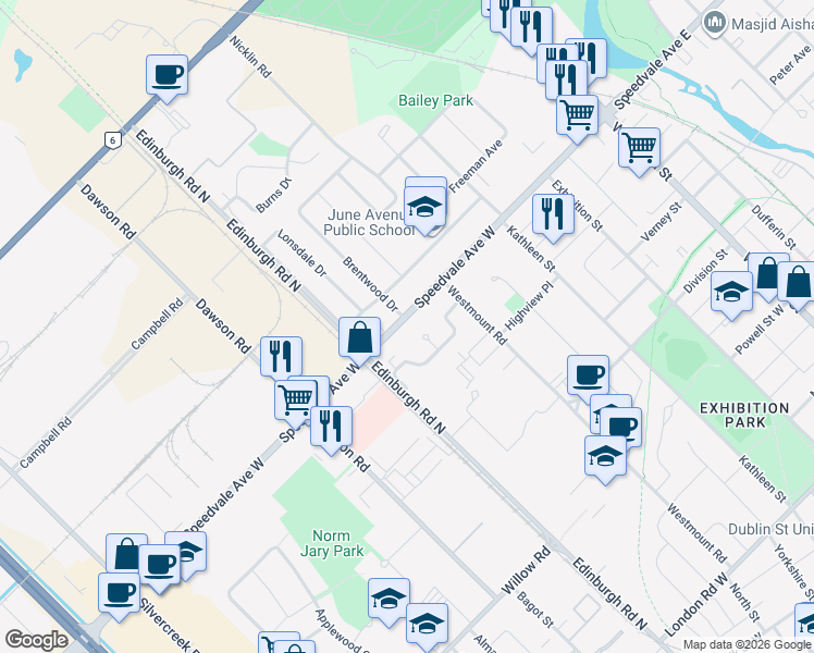 map of restaurants, bars, coffee shops, grocery stores, and more near 130 Speedvale Avenue West in Guelph