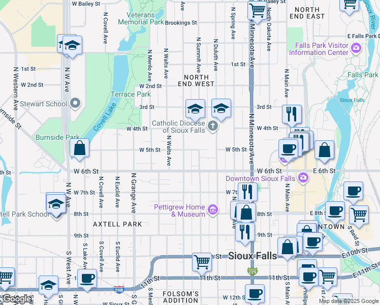 map of restaurants, bars, coffee shops, grocery stores, and more near 721 West 5th Street in Sioux Falls