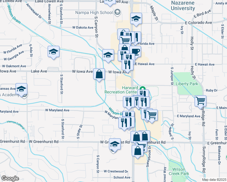 map of restaurants, bars, coffee shops, grocery stores, and more near 1623 Checola Street in Nampa