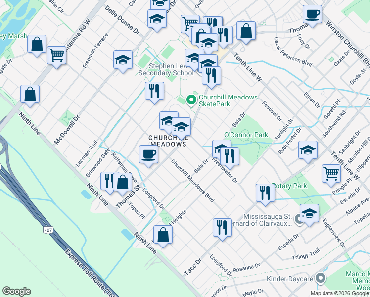 map of restaurants, bars, coffee shops, grocery stores, and more near 5650 Patron Cove in Mississauga