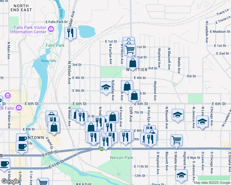 map of restaurants, bars, coffee shops, grocery stores, and more near 901-999 E 5th St in Sioux Falls